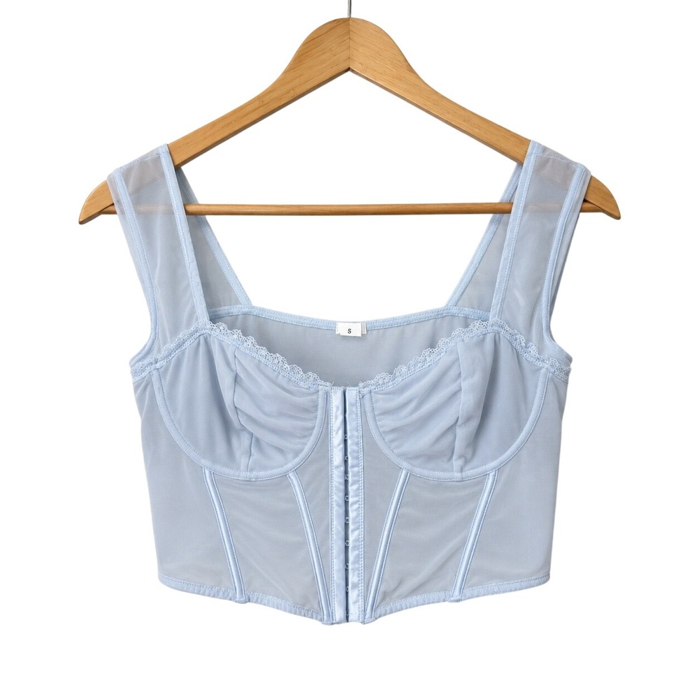 Blue Sheer Mesh Corset Bustier Size XL Coquette Fairy Ballet Boning Layering Top